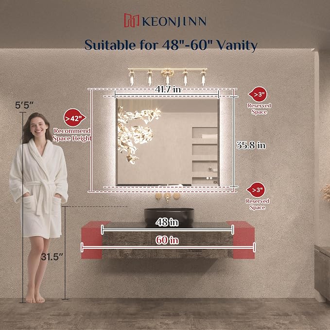 Keonjinn 42" x 36" Backlit Bathroom Mirror with Lights, Safe Tempered Glass | Beveled Edge, 3 Color Lights, Dimmable, Efficient Defogging, French Cleat, Memory Function, Lighted Bathroom Vanity Mirror