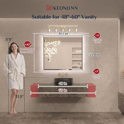 Keonjinn 42" x 36" Backlit Bathroom Mirror with Lights, Safe Tempered Glass | Beveled Edge, 3 Color Lights, Dimmable, Efficient Defogging, French Cleat, Memory Function, Lighted Bathroom Vanity Mirror