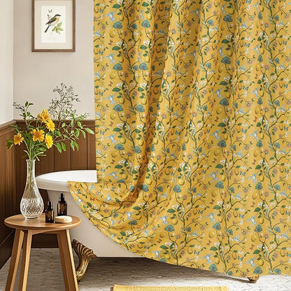 Yellow Floral Bird Shower Curtain 72x84, Hummingbird and Lemon Botanical Fabric Bath Curtains, Lightweight Quick-Dry Bathroom Decor Set with Hooks