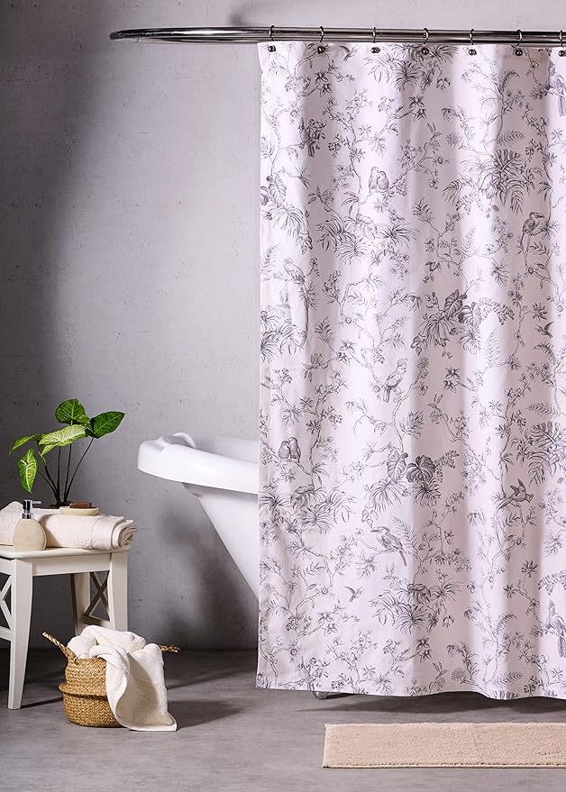 Maison d' Hermine Shower Curtain 100% Cotton One Panel 70"x72" Washable Fabric Shower Curtains for Bathroom, Easy Hanging with 12 Button Holes - Home Hotel Easter Gifts (Jouy Paradise - Grey)