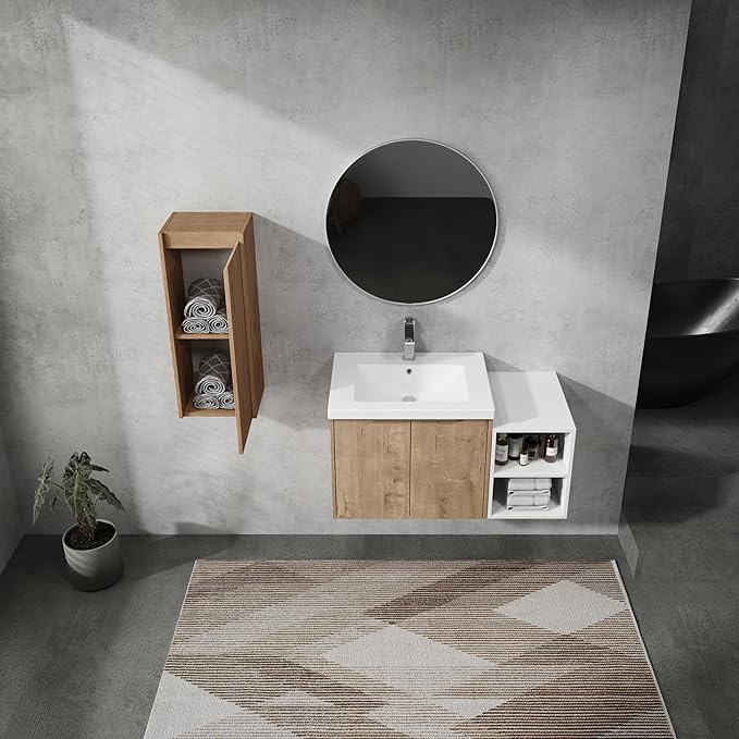 Henf 36" Floating Bathroom Vanity with Sink for Compact Space, Brown Wall Mount Bathroom Vanity Cabinet with Sink Combo, 36 Inch Bathroom Vanities Set with Open Storage Shelf & Side Cabinet