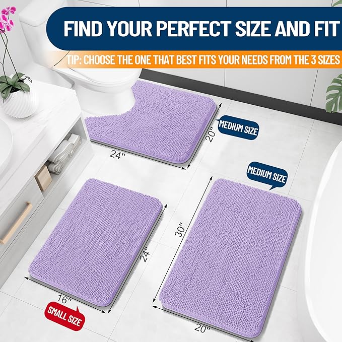 OLANLY Toilet Rugs U-Shaped 24x20, Soft Absorbent Chenille Contour Rugs | Lavender, Quick-Drying Rubber Backing, Machine Washable Non-Slip Shaggy Bathroom Mat for Toilet, Home Decor Accessories
