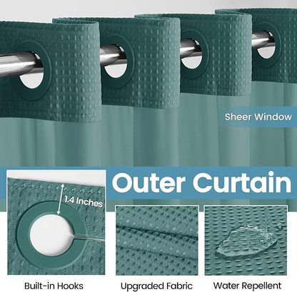 EUTXL Heavyweight Seaweed Green No Hook Shower Curtain with Snap in Liner,256GSM Waffle Weave Shower Curtains for Bathroom,71W x 74H