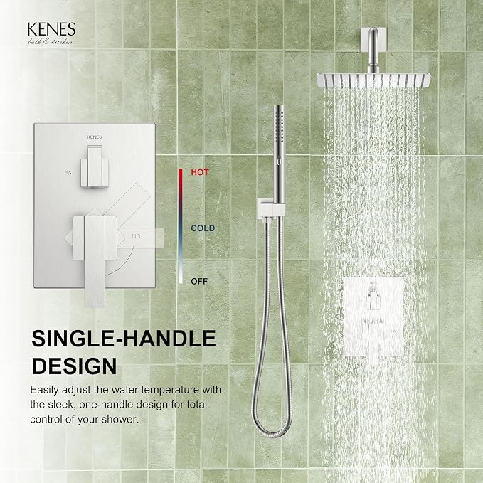 KENES Brushed Nickel Square Rain Shower System Faucet Set with Handheld | Shower Faucet with 10-Inch Rain Shower Head, Square Shower System, Valve Included, Lead-Free cUPC & NSF Certified, Stainless