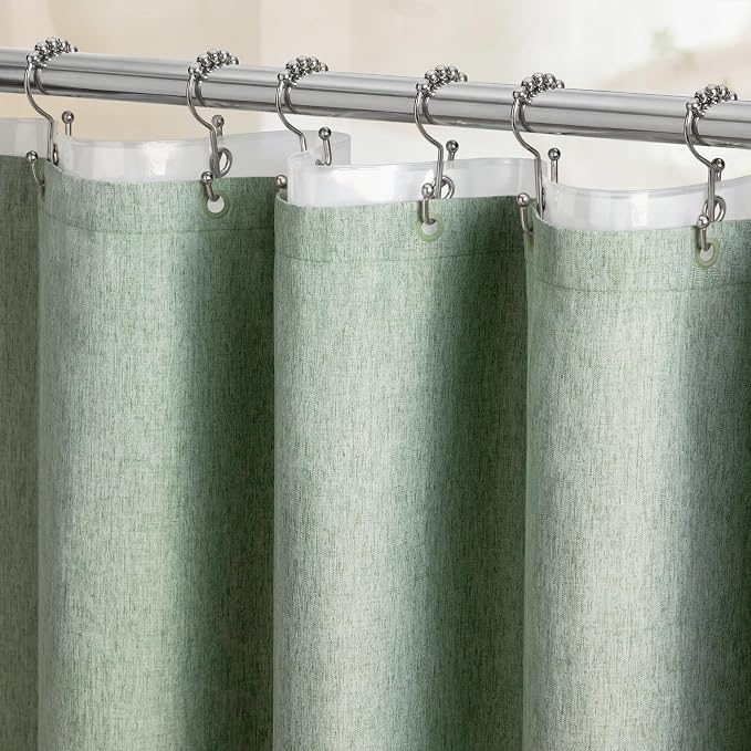 BTTN 72x84 Tall 3 in 1 Linen Texture Shower Curtain with Liner, Sage Green | Long Size, 230GSM Heavy Duty Polyester, Waterproof Clear Liner, Weighted Hem, 12 Plastic Hooks, Hotel Style, Machine Washable