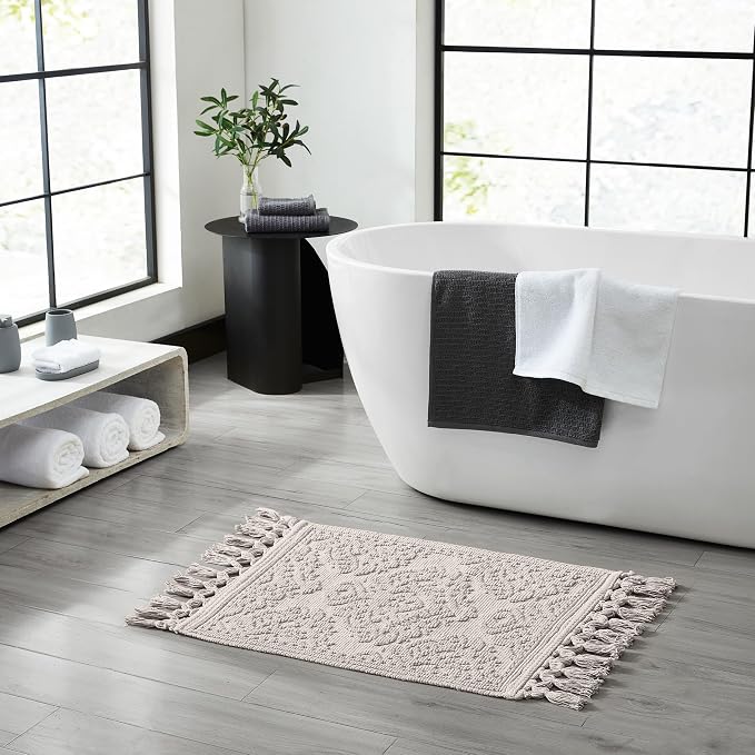 Jean Pierre - Ricardo Bath Mat, Woven Fringe Bathroom Rugs, 100% Cotton, Premium Bathroom Decor - Measures 17" x 31" - Light Gray