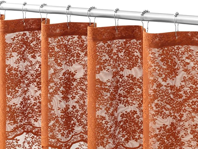Orange Shower Curtain 36x72, Narrow Stall Lace with Attached Valance | Terracotta Lace Shower Curtain with Scalloped, Floral Details, Soft Light for Boho Fall Stalls, RVs and Small Bathrooms