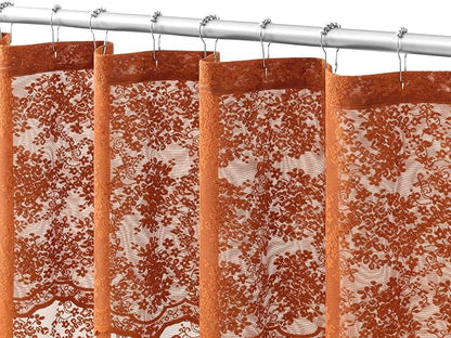 Orange Shower Curtain 72x84, Terracotta Lace with Attached Valance | Scallop Edge, Sheer Bath Curtain, Floral Lace Design, Semi-Sheer Privacy, Vintage Rustic Farmhouse Fall Bathroom Decor