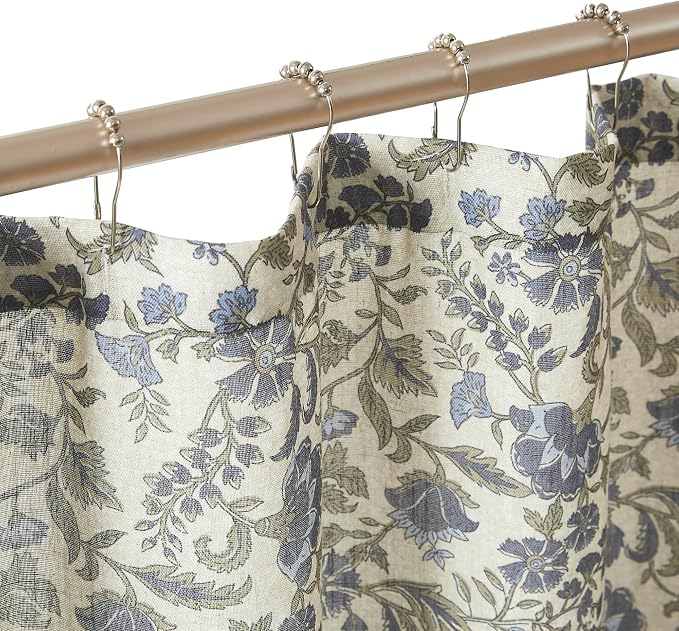 Lush Decor Lillian Block Print Linen Textured Shower Curtain Single 72" W x 72" L Blue & Sage - Vintage Floral Shower Curtains - Ruffled Bath Curtain