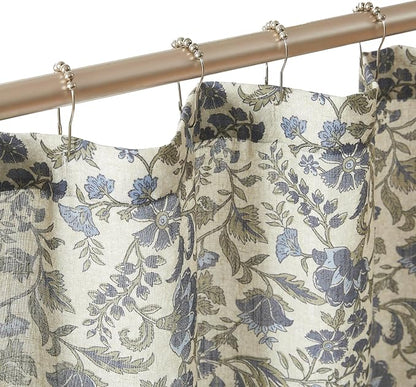 Lush Decor Lillian Block Print Linen Textured Shower Curtain Single 72" W x 72" L Blue & Sage - Vintage Floral Shower Curtains - Ruffled Bath Curtain
