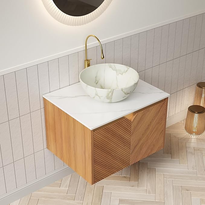 24 Inch Bathroom Vanity with Sink, Floating Fluted Vanity with Vessel Sink, Modern Wall Mounted Bathroom Vanity Cabinet with 2 Doors, Bowl Ceramic Sink & Sintered Stone Top, Oak