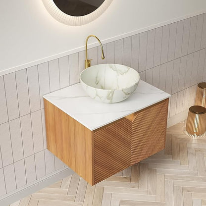 24 Inch Bathroom Vanity with Sink, Floating Fluted Vanity with Vessel Sink, Modern Wall Mounted Bathroom Vanity Cabinet with 2 Doors, Bowl Ceramic Sink & Sintered Stone Top, Oak