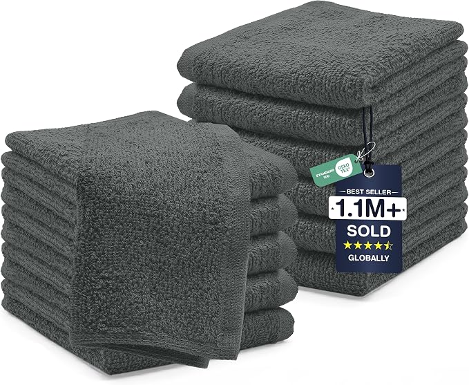DAN RIVER 12 Pack Cotton Wash Cloths Set for Showering [12x12] Grey | Lighter Weight, Quick to Dry, Super Soft & Absorbent Face Towels, Hotel Quality, Perfect for Bathroom, Gym, Spa