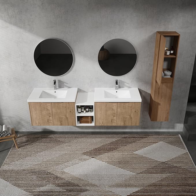 72" Floating Double Sink Bathroom Vanity Brown Wall Mount Bathroom Vanity Cabinet with Sink Combo, 72-Inch Bathroom Vanities Set with Open Storage Shelf & 2 Side Cabinet & 2 30in Bathroom Vanities