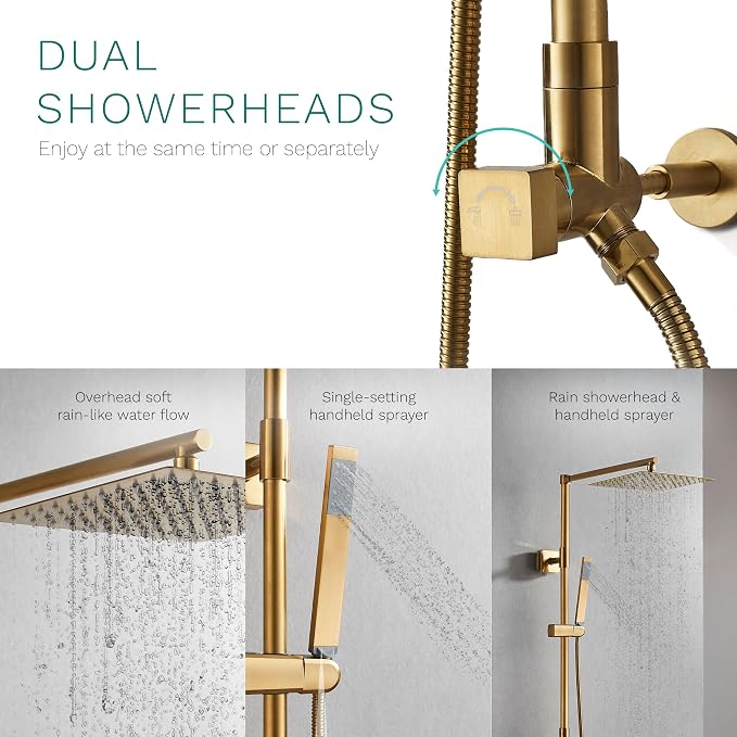 Polaris Lux Rain Shower System, includes 10” Square Rainfall Shower Head and Handheld Shower Combo, Height Adjustable Spray Holder, Retrofit, 60” Hose (2.5 GPM Brushed Gold)