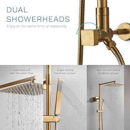Polaris Lux Rain Shower System, includes 10” Square Rainfall Shower Head and Handheld Shower Combo, Height Adjustable Spray Holder, Retrofit, 60” Hose (2.5 GPM Brushed Gold)