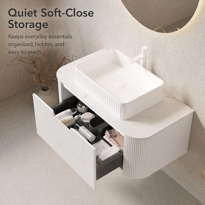 30 Inch Bathroom Vanity with Sink, Floating Wall Mounted Single Sink Vanity, White Curved Fluted Front, Stone Top, White Textured Rectangular Vessel Basin, Pre-Assembled