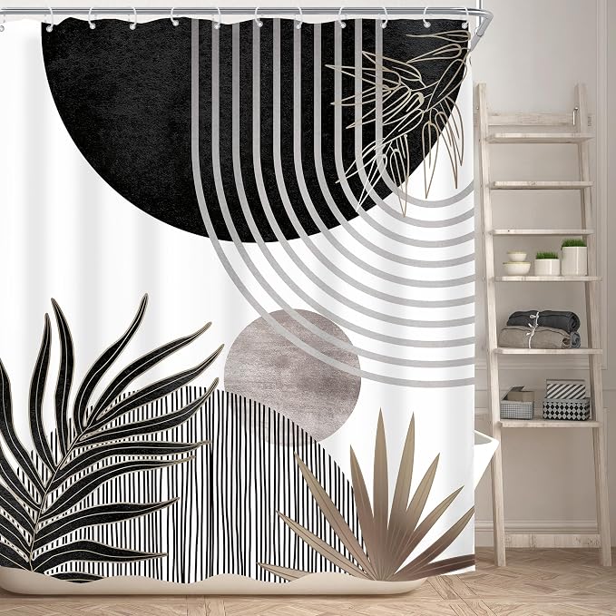 Mid Century Black Gray Boho Abstract Modern Bathroom Shower Curtain Set | 60Wx72L S Plant design, waterproof HD print with fast-drying fabric and 12 hooks.