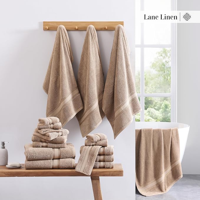 LANE LINEN Large Bath Towel Set Absorbent Quick Dry 100% Cotton - Taupe | Cotton Towels - Fade-Resistant Color, Classic Terry Weave, Densely Woven, Coordinated Colors, Dobby Border Accent