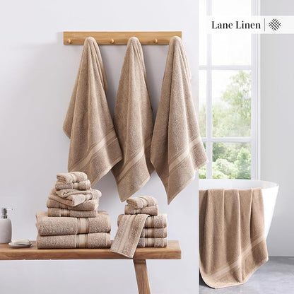 LANE LINEN Large Bath Towel Set Absorbent Quick Dry 100% Cotton - Taupe | Cotton Towels - Fade-Resistant Color, Classic Terry Weave, Densely Woven, Coordinated Colors, Dobby Border Accent