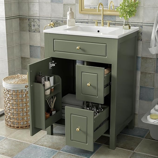 Favfurish 24" Bathroom Vanity with Ceramic Sink,Free Standing Single Basin Vanity w/Soft Close Door and Soft Closing Drawers,Wooden Bath Cabinet with Double Storage Racks on The Door,Green