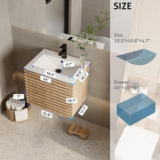 eclife 24" Floating Bathroom Vanity with Sink Combo Mid-Century Wall Mounted Cabinet with Wood Stripes Decor, Drawers, Undermount Single Sink, Faucet, Drain, Light Walnut