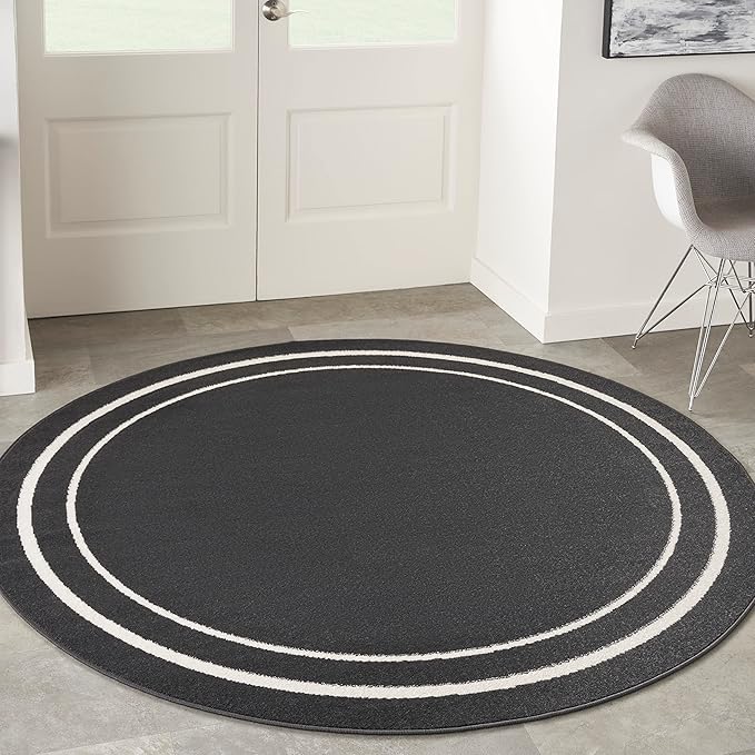Nourison Home Nourison Essentials Black Ivory 6' x Round Area Rug - Easy Clean, Non Shedding, Bed Room, Living Room, Dining Room, Kitchen (6' x Round)