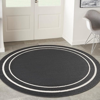 Nourison Home Nourison Essentials Black Ivory 6' x Round Area Rug - Easy Clean, Non Shedding, Bed Room, Living Room, Dining Room, Kitchen (6' x Round)