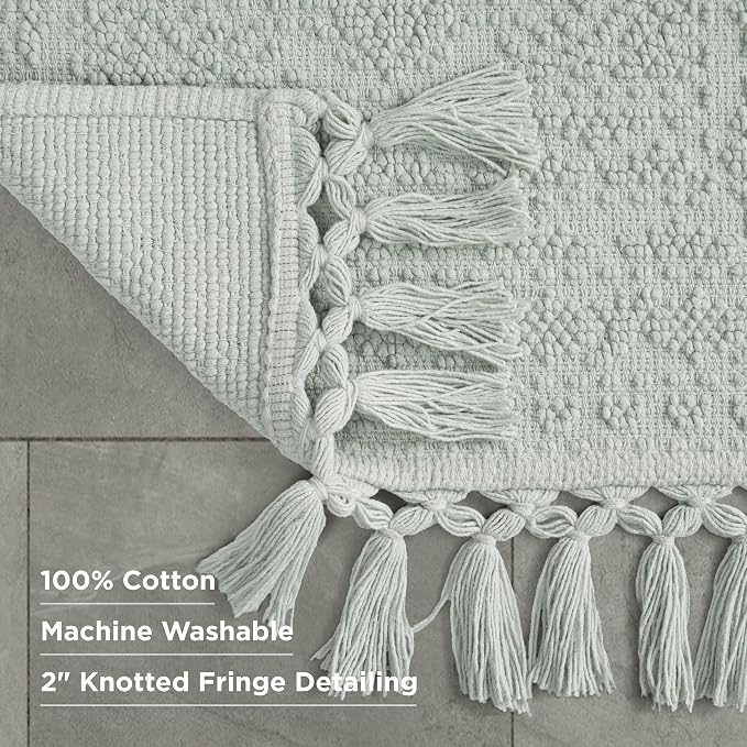 French Connection Nellore Bathroom Rugs, Woven and Beaded Bathroom Mats, Durable Bath Rugs, Thick Bath Mats for Bathroom and Shower Rugs, 24" x 64", Light Blue