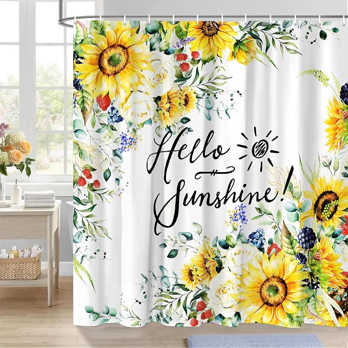 Hello Sunshine Shower Curtain Summer Sunflower Shower Curtain Set for Bathroom Decor Waterproof Machine Washable Shower Curtains with 12 Hooks, 72x72 Inch