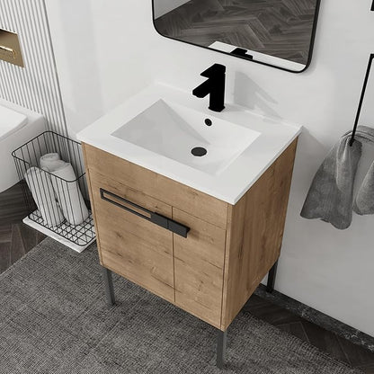 24 Inch Bathroom Vanity with Sink, 24'' Freestanding Vanity Cabinet with Ceramic Basin, 2 Soft-Closing Doors, Waterproof Plywood, Modern Storage for Small Bathroom, Apartment, 00324IMO+9060B