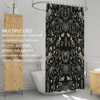 Black Gold Gothic Skeleton Skull Shower Curtain Set 72x84 Inches | Black Gold Gothic Skeleton Skull Print, Western Spooky Housewarming Gothic Lover Guest Bathroom Decor, With Hooks