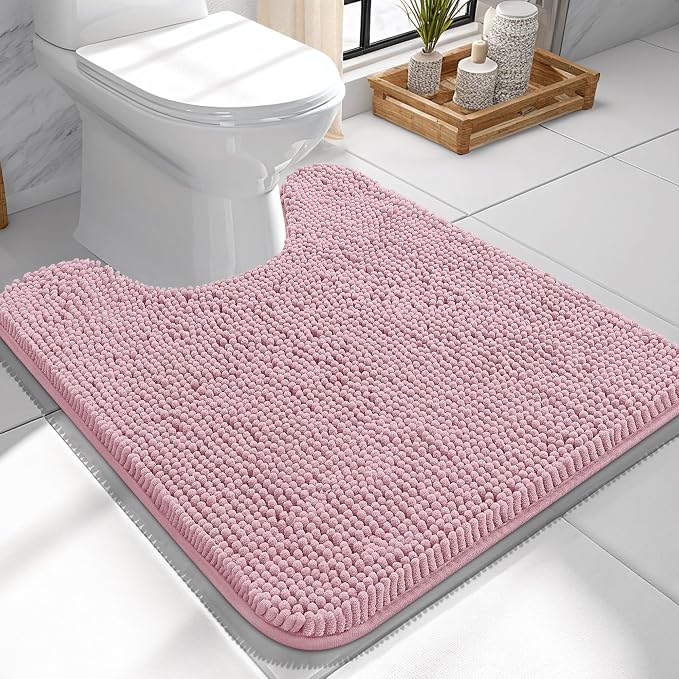 OLANLY Toilet Rugs U-Shaped 24x24, Soft Absorbent Chenille Contour Rugs | Dusty Rose, Quick-Drying Rubber Backing, Machine Washable Non-Slip Shaggy Bathroom Mat for Toilet, Home Decor Accessories