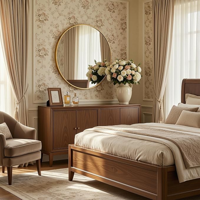 Antok 24 Inch Round Mirror for Wall, Round Bathroom Mirror, Circle Wall Mirrors with Gold Metal Frame, Circle Mirrors Suitable for Wall, Bathroom, Vanity, Living Room, Entryway