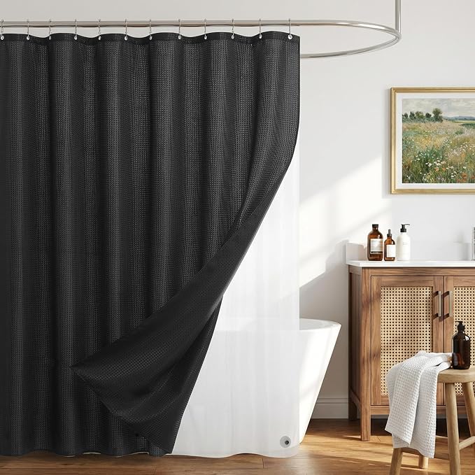 Siiluminisoy Shower Curtain and Liner Set, Waffle Shower Curtain Set with 12 Stainless Steel Hooks, Waterproof Luxury Fabric Shower Curtains for Bathroom and Hotel, Black, 72" W x 72" H