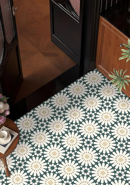 MORCART 40PCS 7.87" x 7.87" Peel and Stick Floor Tile, Green Floral Look | Self-Adhesive DIY Vinyl Flooring, Removable and Waterproof Tile Sticker for Bathroom, Kitchen, Wall, Bedroom, Stairs