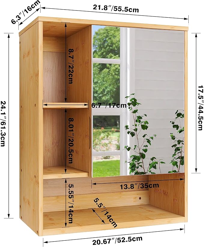 SMIBUY Bathroom Mirror Cabinet Wall Mounted, Bamboo Space Saver Medicine Cabinet, Wall Hanging Over Toilet Storage Cabinet with Mirror Door and Adjustable Shelf (Natural)