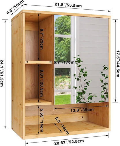 SMIBUY Bathroom Mirror Cabinet Wall Mounted, Bamboo Space Saver Medicine Cabinet, Wall Hanging Over Toilet Storage Cabinet with Mirror Door and Adjustable Shelf (Natural)