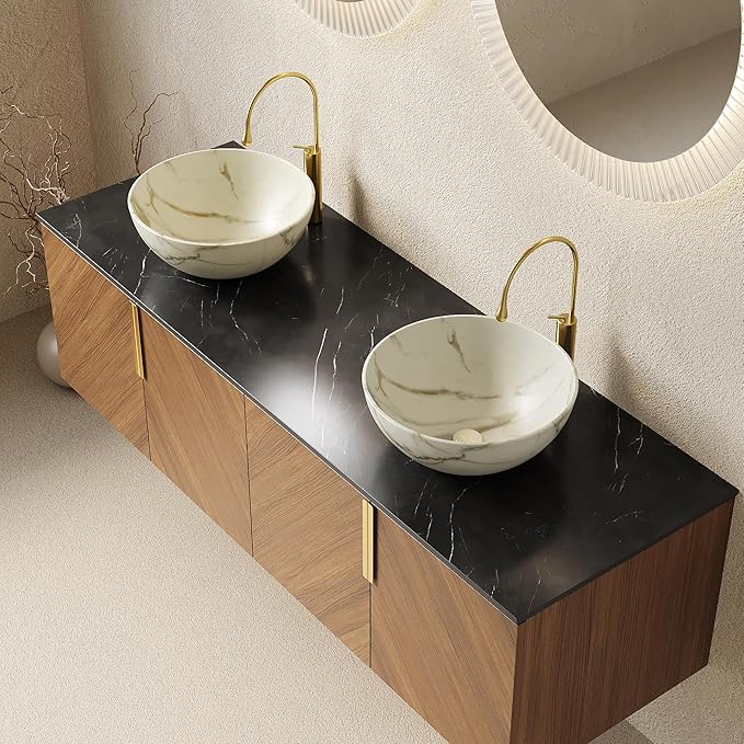 60" Double Sink Bathroom Vanity with Sink Combo, Floating Vanity with Vessel Sink, Wall-Mounted Plywood Bathroom Vanity Storage Cabinet with 4 Doors & 2 Bowl Basin, Brown Oak