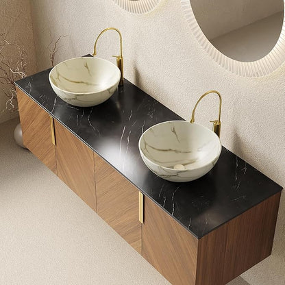60" Double Sink Bathroom Vanity with Sink Combo, Floating Vanity with Vessel Sink, Wall-Mounted Plywood Bathroom Vanity Storage Cabinet with 4 Doors & 2 Bowl Basin, Brown Oak