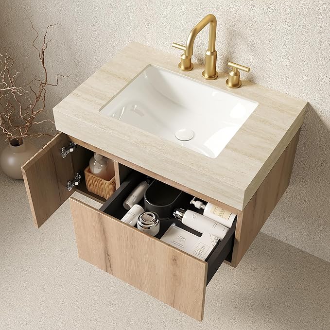 KEIKI 30 Inch Floating Bathroom Vanity with Sink, Modern Wall Mounted Storage Cabinet with Drawer, Pre-assembled Waterproof Wood Panels, Sintered Stone Top & Ceramic Basin Combo Set, White Oak & Beige