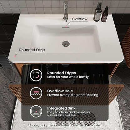 30" Bathroom Vanity with Sink, Modern Floating Vanity with Push Open Soft Close Drawer, Large Storage for Small Space, Walnut, Fully Assembled - Camellia Collection