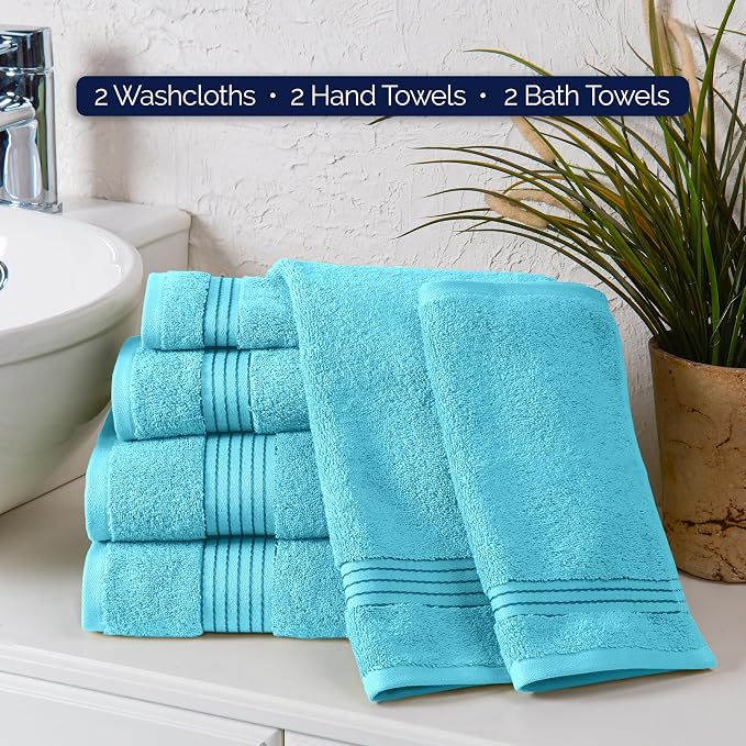 Elegant Comfort Premium Cotton 6-Piece Towel Set, Includes 2 Washcloths, 2 Hand Towels and 2 Bath Towels, 100% Turkish Cotton - Highly Absorbent and Super Soft Towels for Bathroom, Aqua