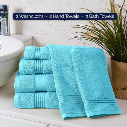 Elegant Comfort Premium Cotton 6-Piece Towel Set, Includes 2 Washcloths, 2 Hand Towels and 2 Bath Towels, 100% Turkish Cotton - Highly Absorbent and Super Soft Towels for Bathroom, Aqua