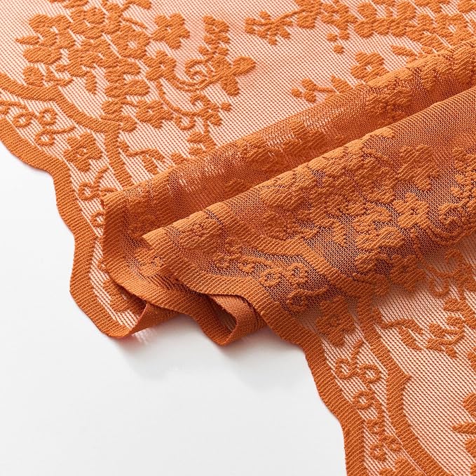 Orange Shower Curtain 36x72, Narrow Stall Lace with Attached Valance | Terracotta Lace Shower Curtain with Scalloped, Floral Details, Soft Light for Boho Fall Stalls, RVs and Small Bathrooms