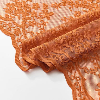 Orange Shower Curtain 36x72, Narrow Stall Lace with Attached Valance | Terracotta Lace Shower Curtain with Scalloped, Floral Details, Soft Light for Boho Fall Stalls, RVs and Small Bathrooms