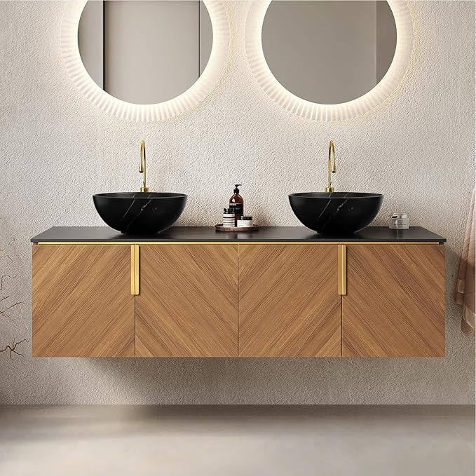 LKTART 60 Inch Bathroom Vanity Double Sink, Double Sink Bathroom Vanity with Black Bowl Ceramic Basins, 4 Doors Modern Wall Mounted Bathroom Storage Cabinet, Black Sintered Stone Countertop, Brown