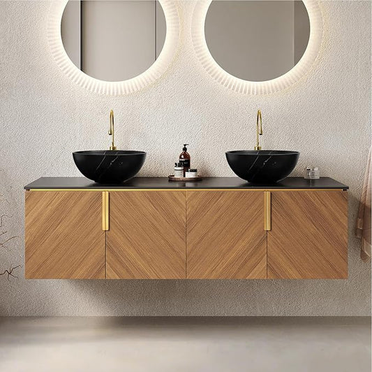 LKTART 60 Inch Bathroom Vanity Double Sink, Double Sink Bathroom Vanity with Black Bowl Ceramic Basins, 4 Doors Modern Wall Mounted Bathroom Storage Cabinet, Black Sintered Stone Countertop, Brown