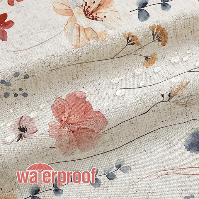 Coral Linen Watercolor Floral Fabric Shower Curtain, 72x72 | Linen Fabric, Modern Minimalist Floral Print, Machine Washable, Rustproof Grommets, for Bathroom Home