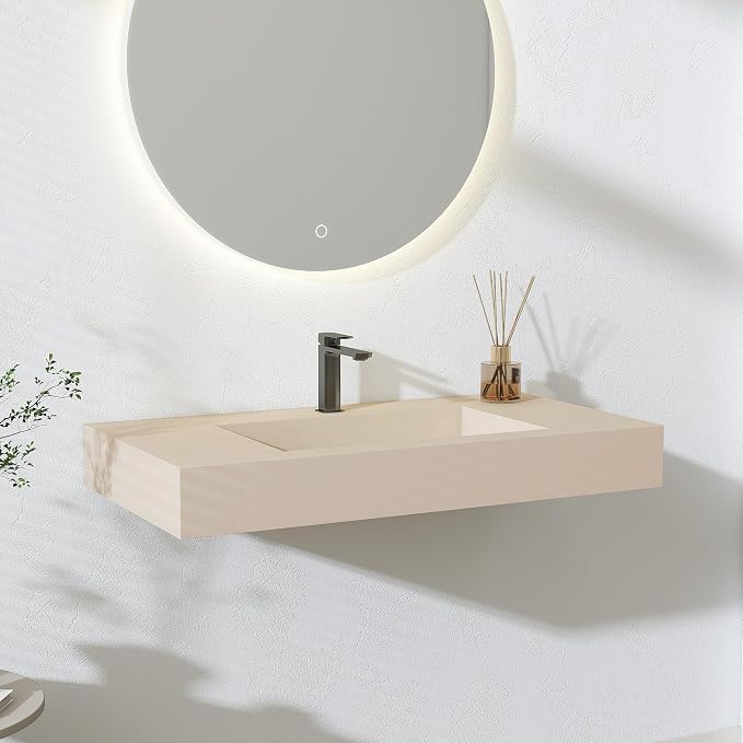 SJ STAR&JANE 35" x 19" in Solid Surface Bathroom Sink, Wall-Mount or Countertop Vessel Sink, Rectangle Floating Vanity Sink in Milk-Coffee, Pre-installed Faucet Holes, Durable Modern Design